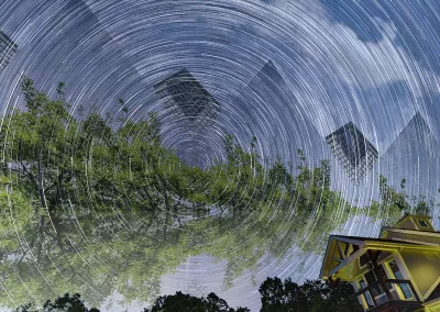 Pyramidal architecture and a time-lapse shot of stars overlay a cozy home