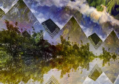 Pyramid-like architecture overlays a leafy landscape